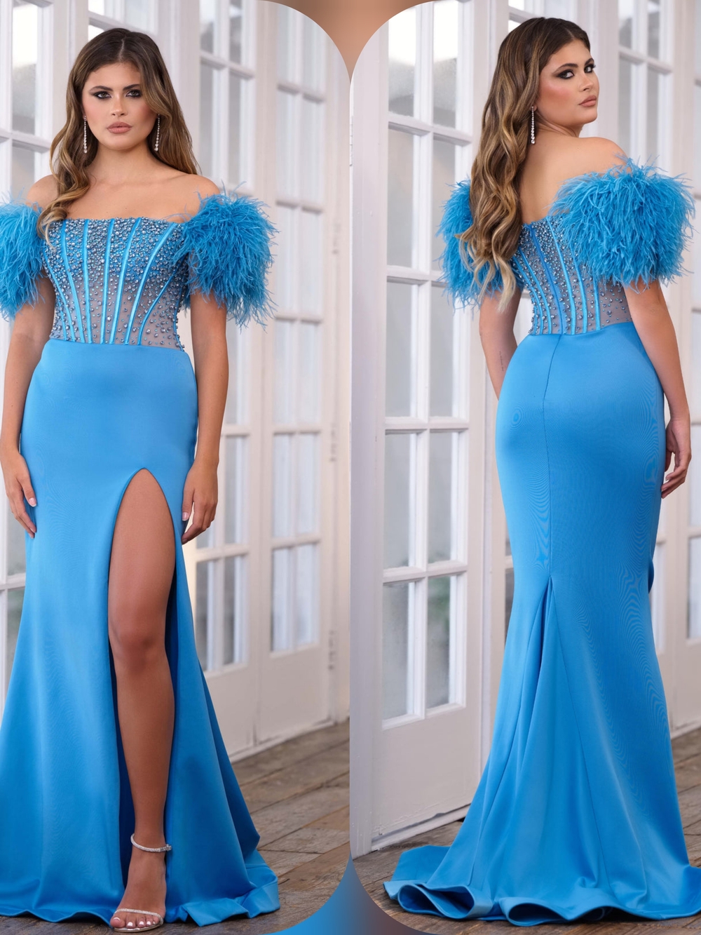 Off-Shoulder Feather Sleeve Sky Blue Prom Gown